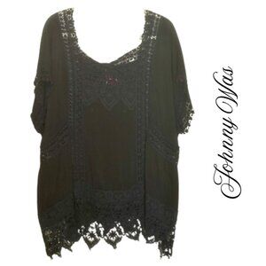 Johnny Was Black Rayon Cotton Crochett Trimmed Blouse